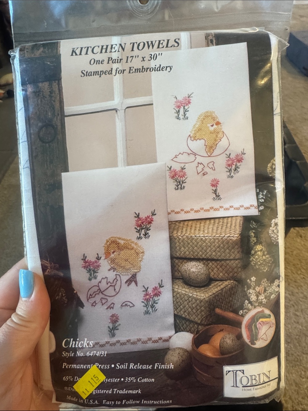 Tobi White Kitchen Towels with Yellow Chick and Pink Floral Embroidery kit